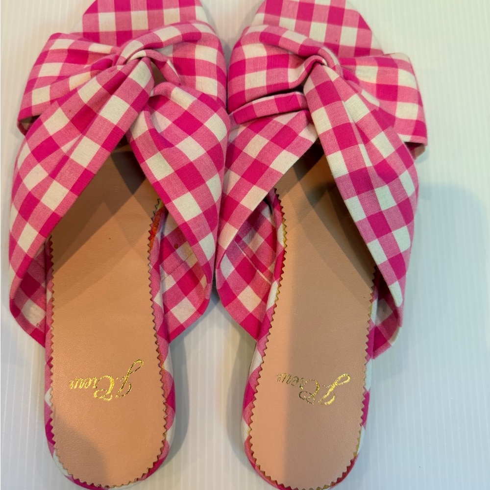 J. Crew Cora Pink and White Gingham Knot Slide Mules
